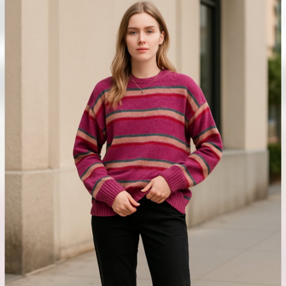NWT VOLCOM Acai & Gray Stripe Bubble Tea Knit Chenille Sweater XS. Velvet